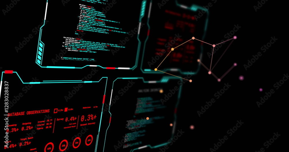 Poster image of digital data processing over screens on black background