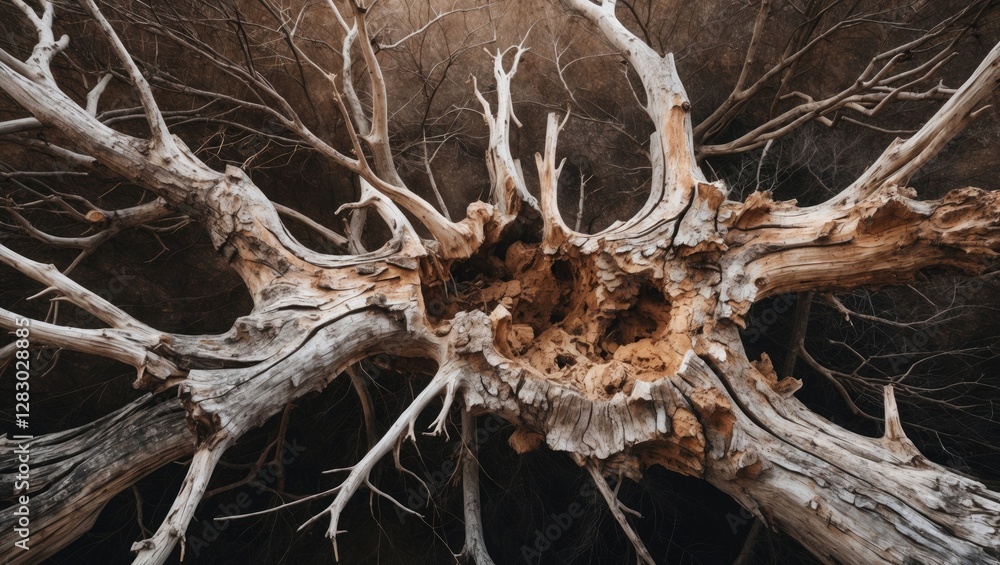 Poster detailed view of a weathered tree trunk with intricate branches and hollowed sections against a dark