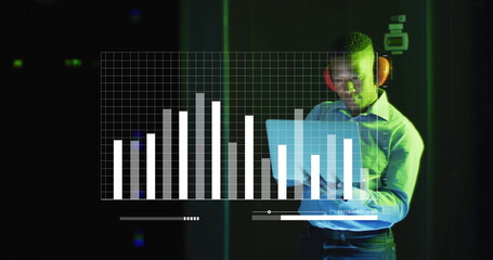 Image of digital data processing over afrcian american it man with laptop by computer servers