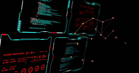 Image of digital data processing over screens on black background
