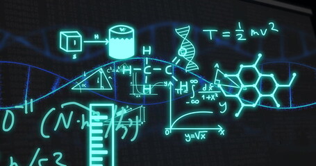 Image of dna strand and scientific data processing over black background