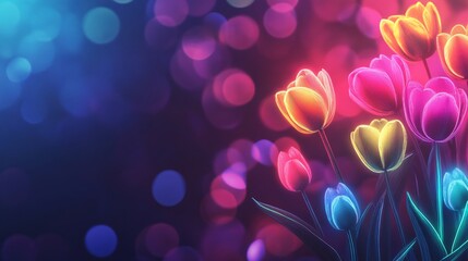 A neon-lit modern Easter frame, where glowing tulips and eggs in bright pink, yellow, and blue hover over a dark gradient background