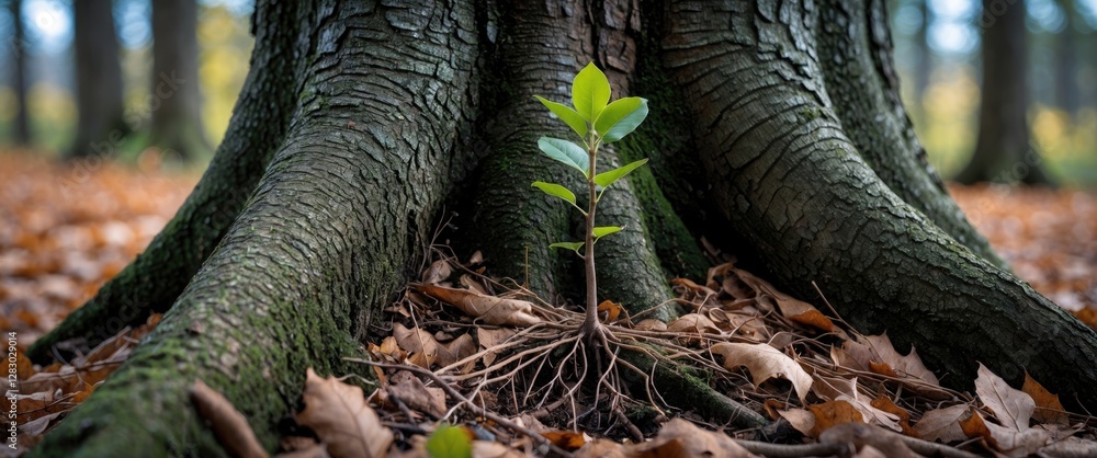Poster young sapling emerging from the base of an old tree trunk surrounded by autumn leaves in a forest se