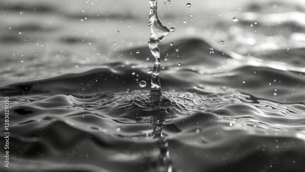 Poster close-up of water droplets splashing on dark rippling surface creating concentric circles in monochr