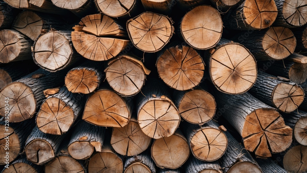 Poster stacked logs with visible circular cross-sections showing ring patterns and bark details, presenting
