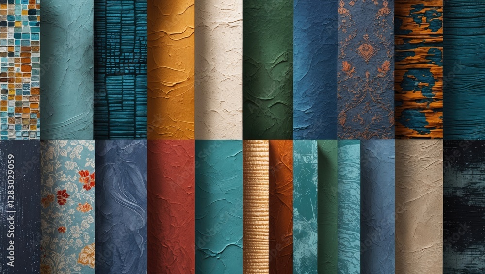 Poster colored textile and paper texture samples arranged in a grid format showcasing various patterns and 