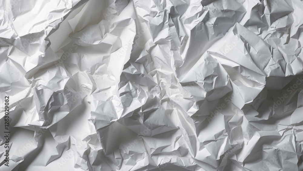 Poster crumpled white paper texture background with varied shadows and light in a chaotic arrangement
