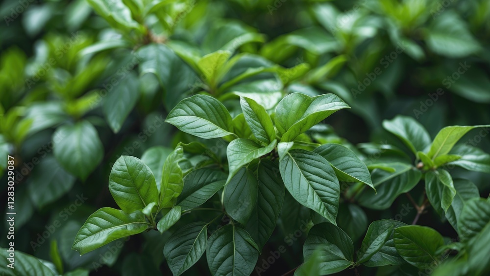 Poster close-up of vibrant green leaves with varying shapes and sizes in a lush garden setting. natural bot