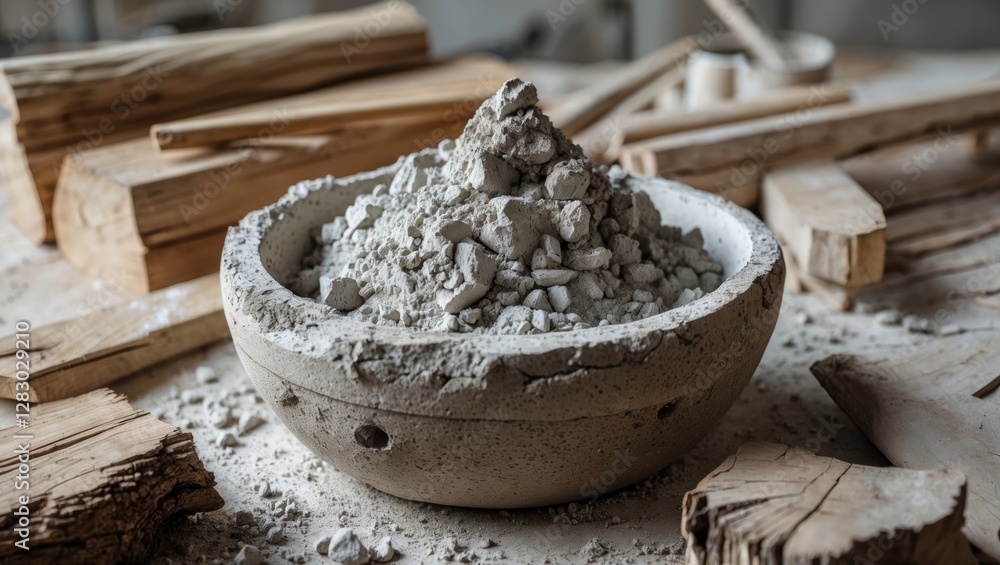 Poster bowl of gray powder surrounded by wooden planks and tools in a workshop setting on a rustic table