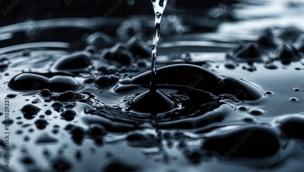 Poster close-up of water droplets creating ripples in dark liquid surface with bubbles and reflections in h