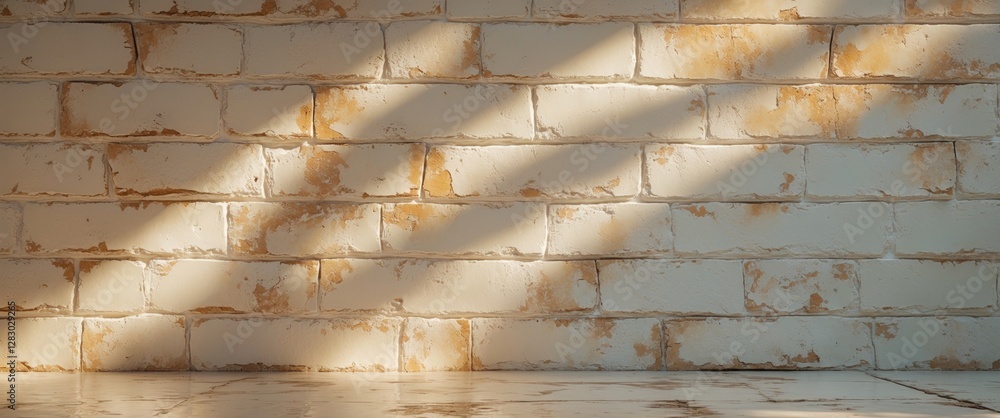 Poster old weathered brick wall with visible texture and shadows on a surface, creating a rustic backdrop f