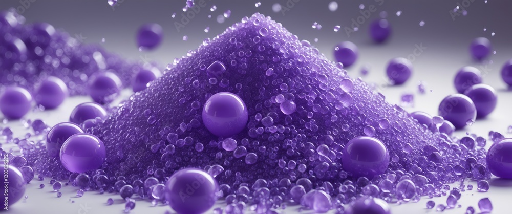 Poster purple spherical beads and granules forming a mound on a smooth surface with a gradient background a