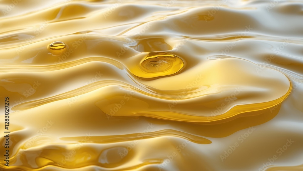 Poster close-up view of smooth golden liquid surface with ripples and reflections creating a textured appea
