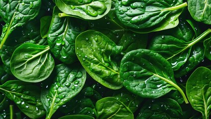 Fresh green spinach leaves with water droplets on a dark background high detail close up shot