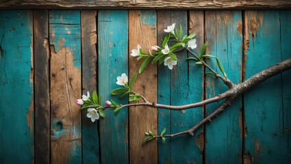 Flowering branch on rustic wooden background with teal and brown tones showcasing natural textures and colors.
