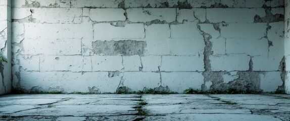 Concrete wall with cracks and grass growing on the floor in an empty indoor space