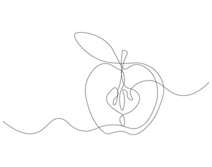 Continuous line drawing of apple. Single line illustration of national apple day. Fresh, Fruit, Healthy, Vitamin, Vegetarian concept. Editable outline