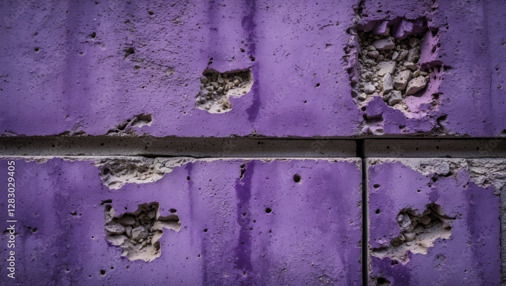Poster purple wall surface with concrete damage and cracks showing exposed aggregate texture and uneven wea