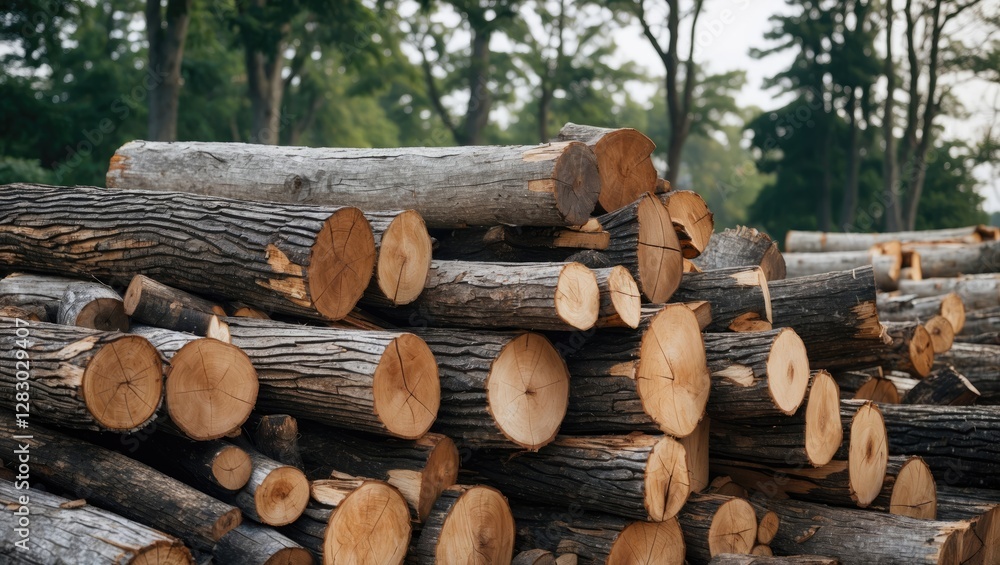 Aufkleber stacked logs cut for timber with visible tree rings and bark in a forest setting showcasing wood pro