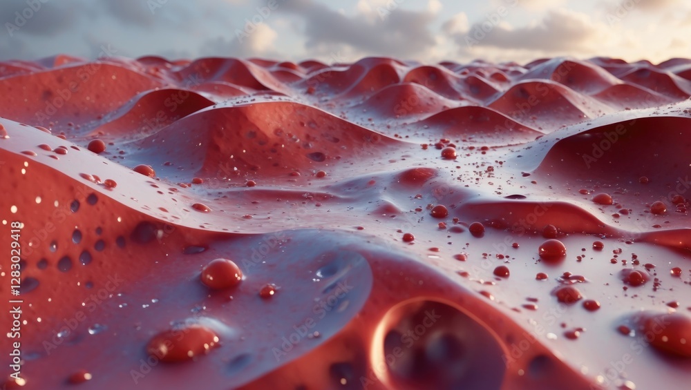 Poster red abstract surface with waves and droplets reflecting light against a cloudy sky background. textu