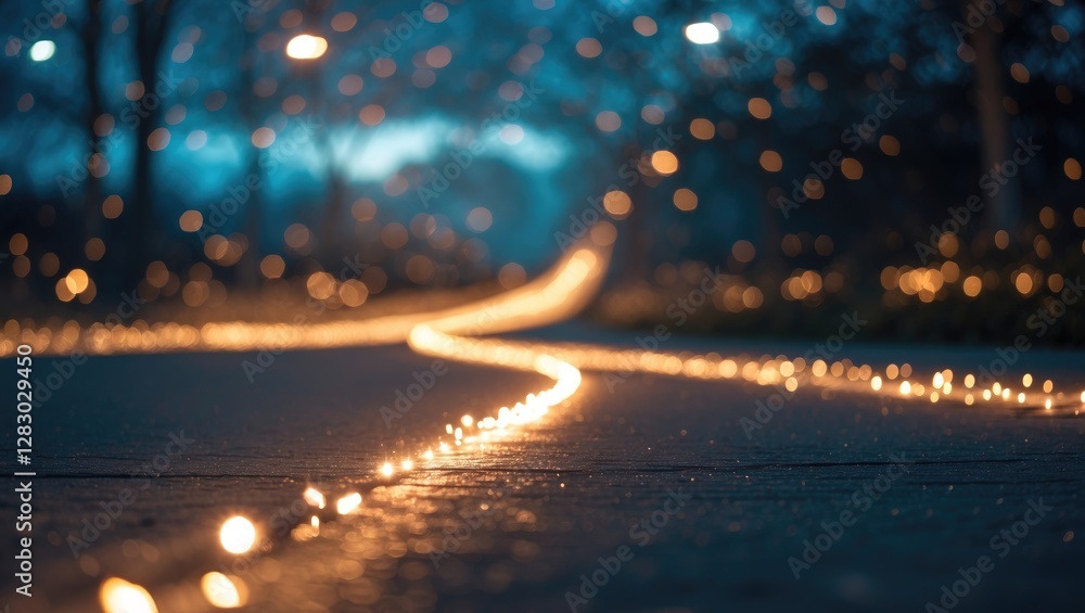 Poster bokeh lights illuminating a winding path in a park during twilight showcasing a serene atmosphere an
