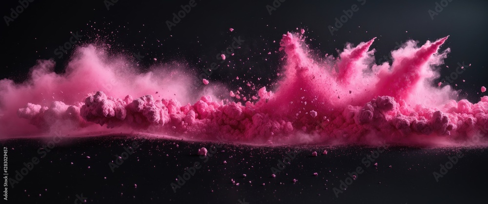 Poster pink powder explosion on a black background creating a cloud of vibrant colored dust with dynamic mo