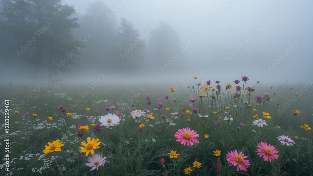 Aufkleber colorful wildflowers in a misty meadow with soft background trees and fog creating a serene atmosphe