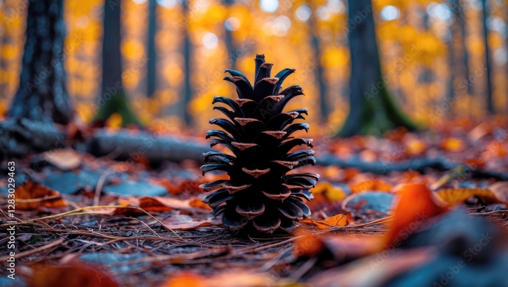 Poster pine cone on forest floor surrounded by autumn leaves with blurred trees in background and warm colo