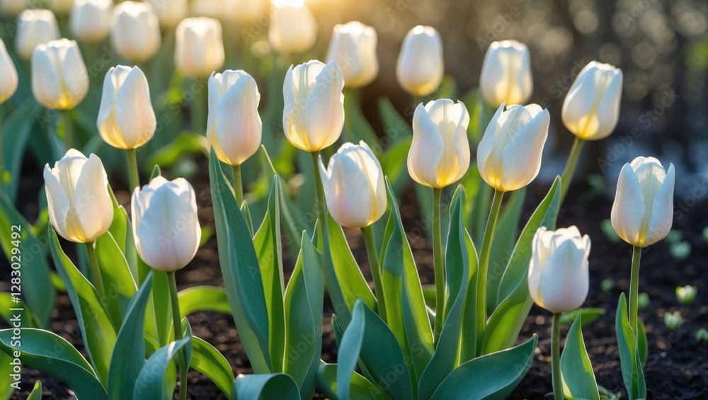 Poster white tulips in a garden illuminated by sunlight during daytime with green leaves and soft backgroun