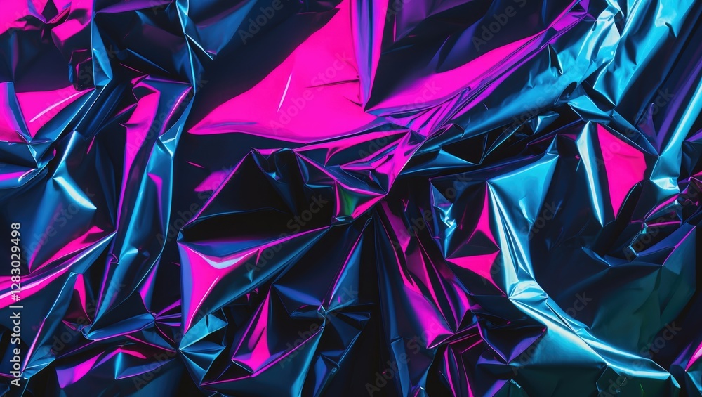 Poster iridescent crumpled foil texture in blue and pink colors with highlights and shadows in abstract lay