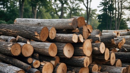 Stacked logs cut for timber with visible tree rings and bark in a forest setting showcasing wood processing and natural resource management.