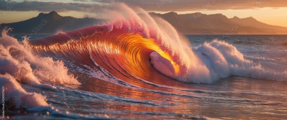 Poster close-up of a vibrant ocean wave illuminated by sunset colors with mountains in the background and f