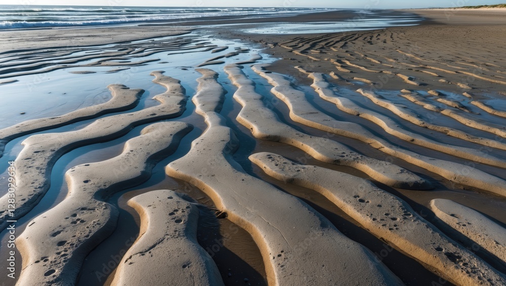 Poster rippling patterns on wet sandy beach at low tide with gentle waves in background under clear sky. na