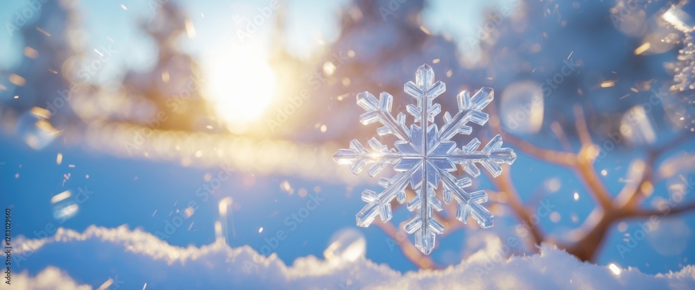 Poster snowflake in focus surrounded by snow and winter scenery with sunlight in the background creating a 