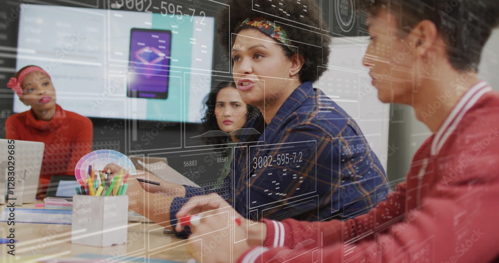 Aufkleber image of data processing and diagrams over diverse colleagues discussing work in office