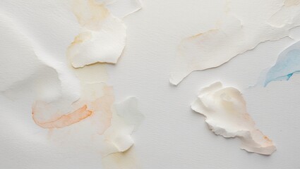 Textured watercolor paper with soft, torn edges and subtle pastel colors in peach, soft blue, and cream shades on a white background.