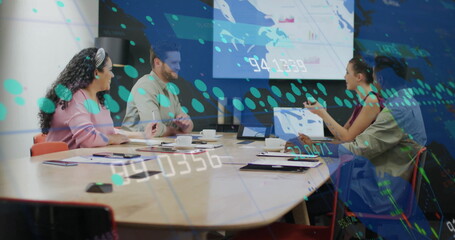 Image of data processing and world map over diverse colleagues discussing work in office