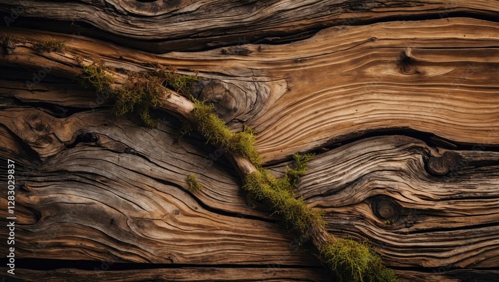 Poster wooden surface texture with a moss-covered branch resting on it showcasing natural patterns and eart