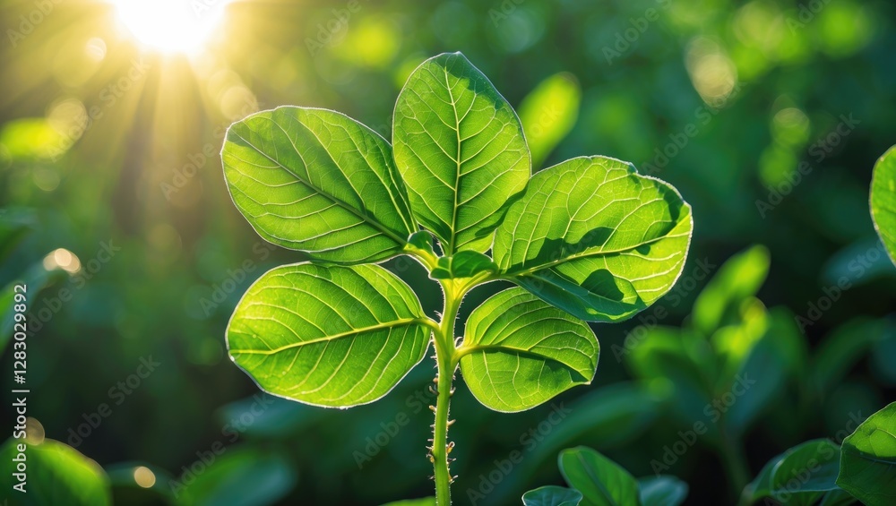 Poster close-up of fresh green leaves with sunlight in the background highlighting their texture and shape 