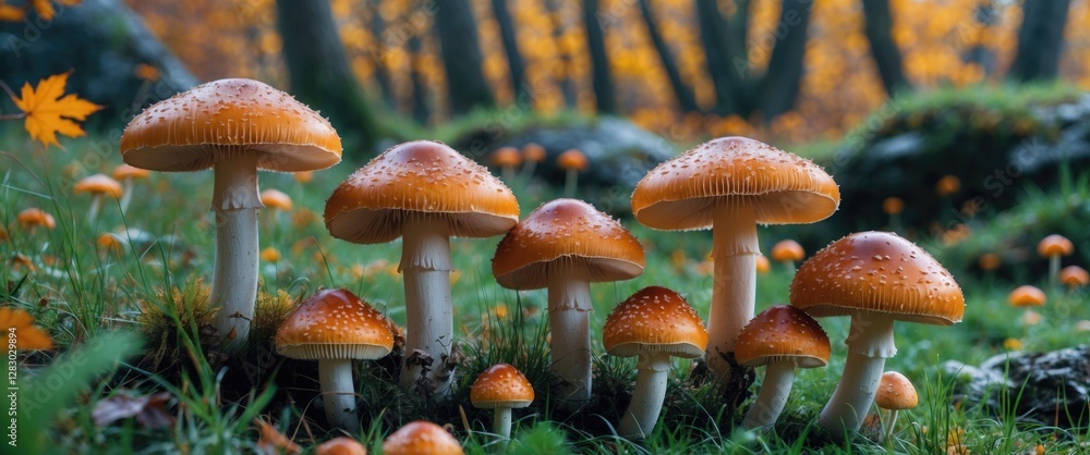 Poster group of orange mushrooms in a forest setting with autumn foliage and soft focus background on a gra