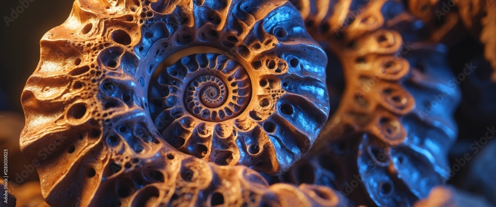 Poster close-up view of intricately designed ammonite fossil with spiral structure and textured surface ill