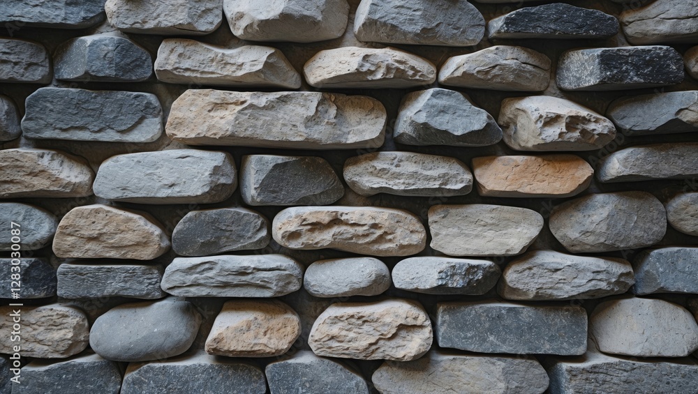 Poster textured stone wall with various sizes and colors of stones arranged in a unique pattern for archite