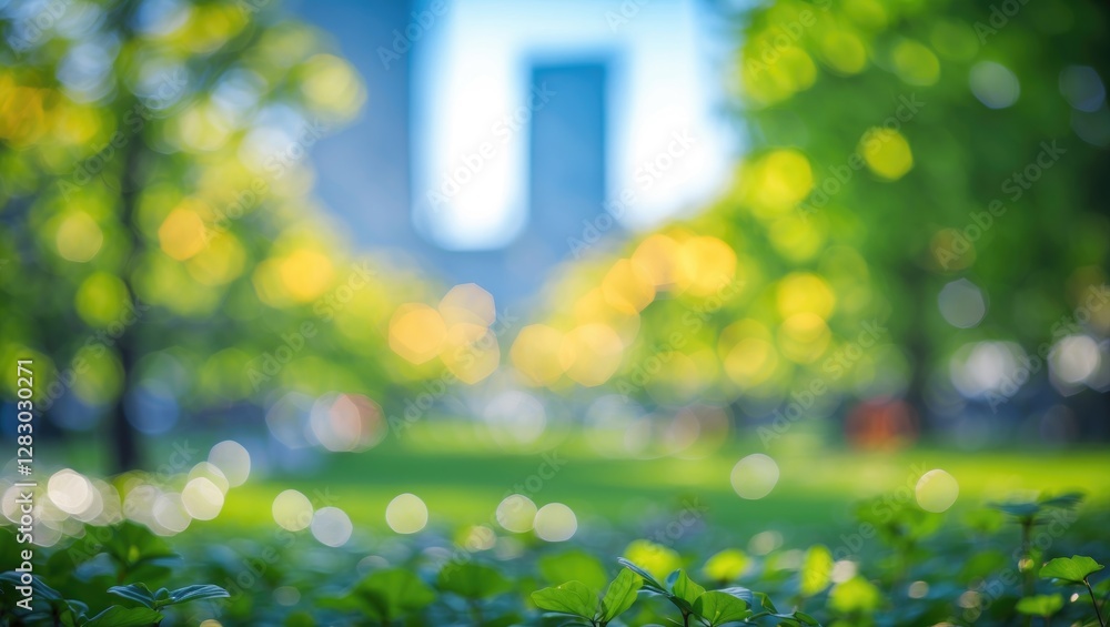 Poster blurred view of a green park with foliage and bokeh lights in the background during daytime in an ur