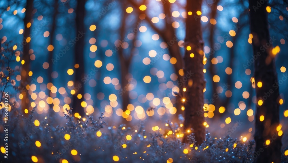 Poster Autumn forest with blurred soft bokeh lighting from warm fairy lights illuminating trees and ground in a tranquil natural setting