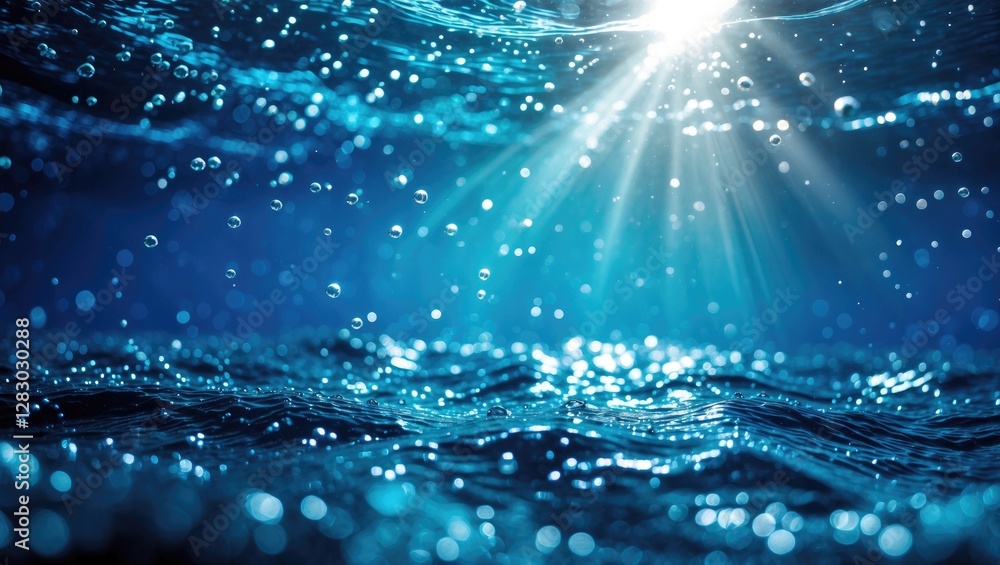 Poster underwater scene with shimmering blue water surface and sunlight rays penetrating through, creating 