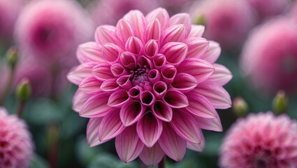 Obraz premium Pink dahlia flower with intricate petal arrangement surrounded by blurred pink floral background