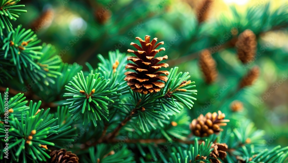 Aufkleber pine cone on coniferous tree with lush green needles and blurred background in natural setting