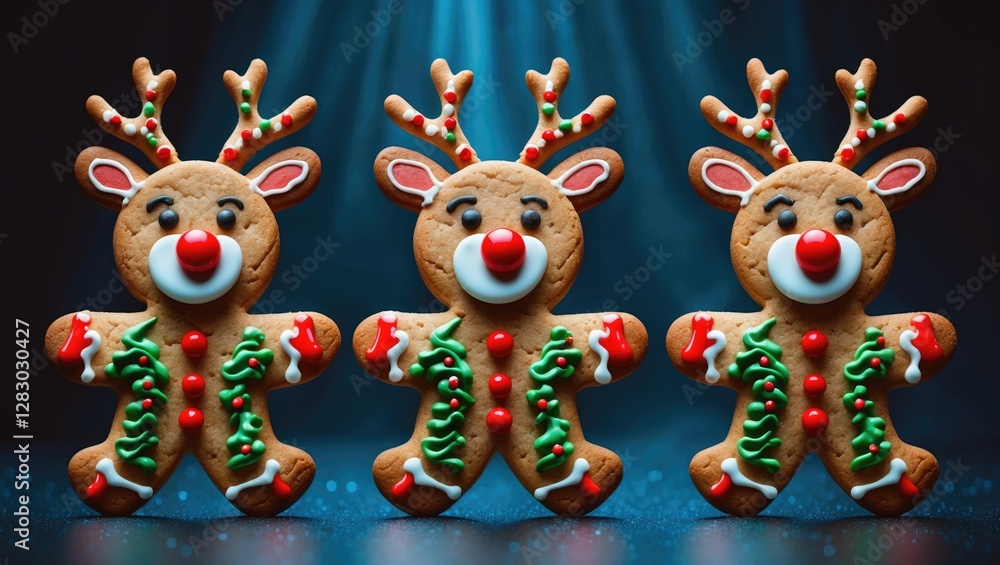 Poster gingerbread reindeer cookies decorated with icing and sprinkles arranged in a row against a dark bac