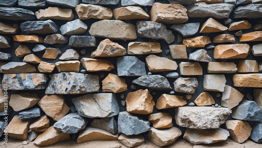 Poster wall made of various sized and colored natural stones arranged in a structured pattern for texture a