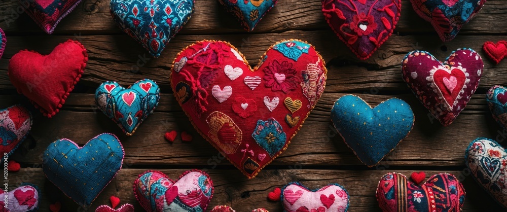 Poster colorful fabric hearts arranged on wooden background displaying various patterns and sizes showcasin